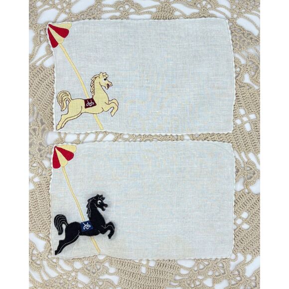 MCM 2 Madeira Linen Cocktail Napkins Carousel Horses Appliqued Circus - Picture 2 of 8